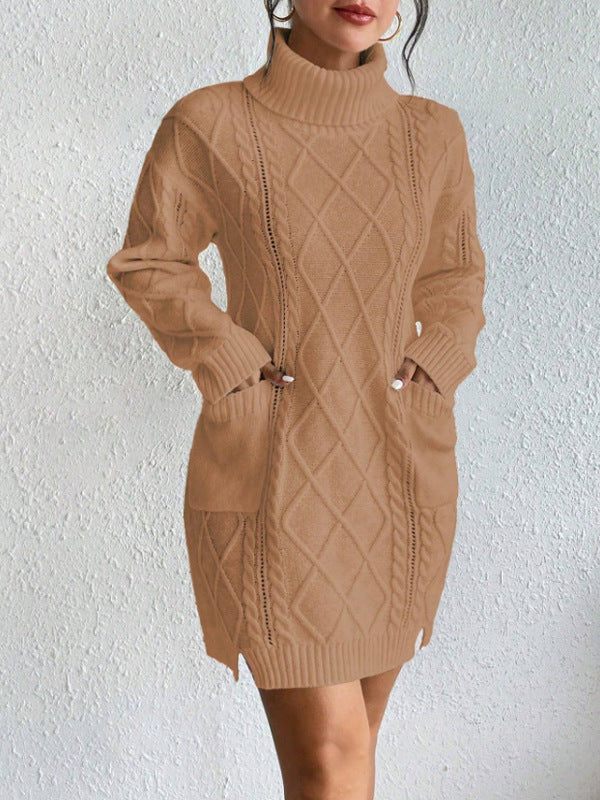 Women's Knit Dress – Slim Fit – Cable Knit – High Neck – Long Sleeves – Ribbed Hem