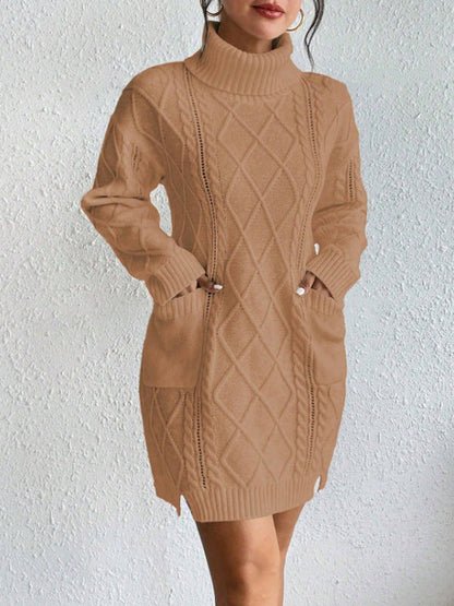 Women's Knit Dress – Slim Fit – Cable Knit – High Neck – Long Sleeves – Ribbed Hem