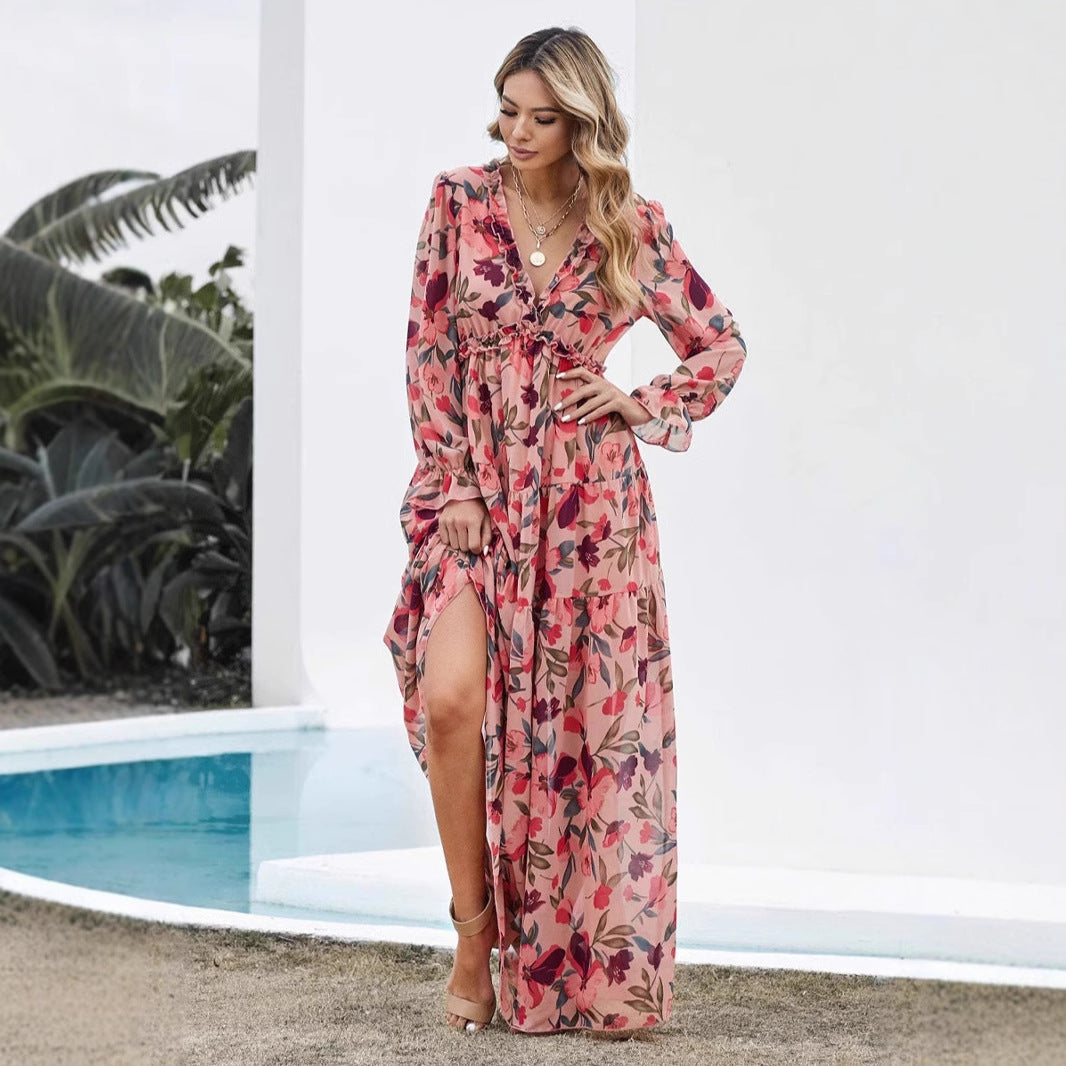 Dame Maxikjole – Chiffon – Boheme Pasform – V-udskæring – Lange Ærmer – Blomsterprint