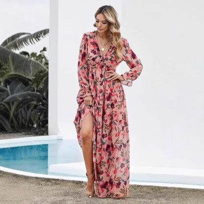 Dame Maxikjole – Chiffon – Boheme Pasform – V-udskæring – Lange Ærmer – Blomsterprint