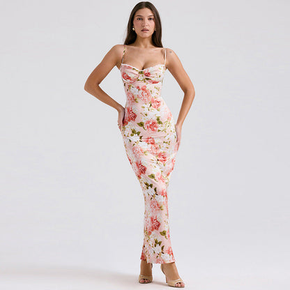 Kjole til kvinder – Lang satin – Slim fit – Spaghettistropper – Blomsterprint