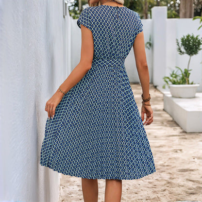 Dress for Women – Midi Length – Relaxed Fit – Tie Belt – Short Sleeve – Graphic Pattern – Breathable Lightweight Texture