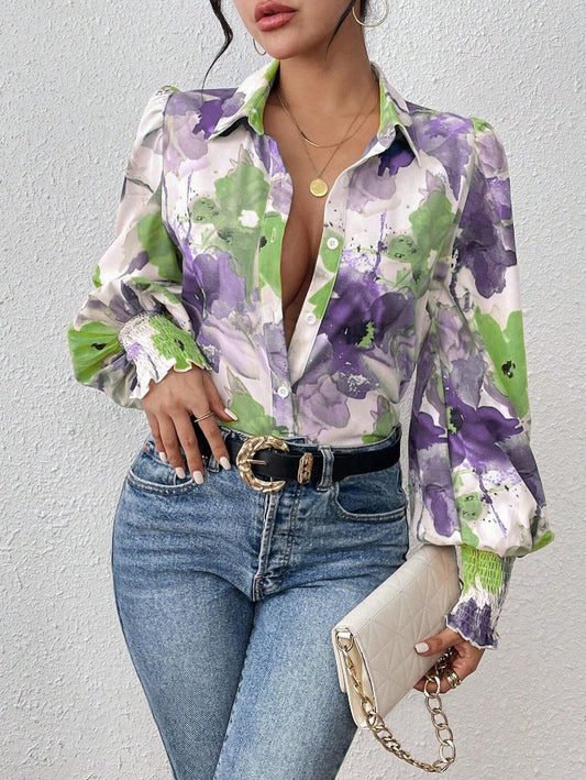 Women's Blouse – Button-Down Model – Long Puff Sleeves – Full Floral Print – Collar Neckline