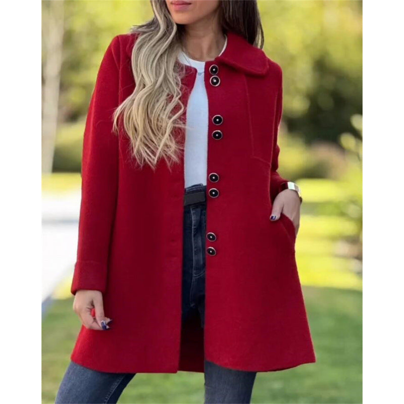 Women's Coat – Wool – Structured Fit – Wide Collar – Button Closure – Mid-Length