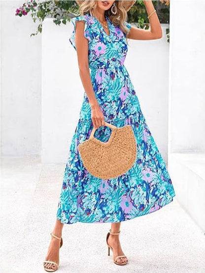 Dress for Women – Mid-length – V-neck – Relaxed Fit – Floral Print