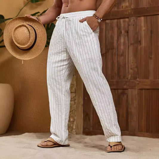 Men's Trousers – Relaxed Fit – Cotton Linen Blend – Striped – Drawstring Closure