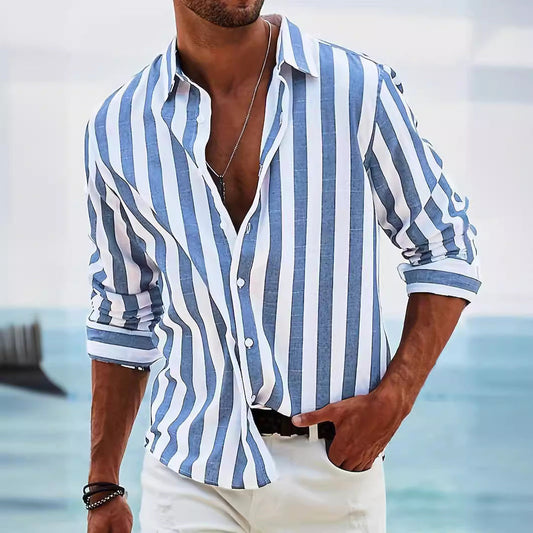 Men's Shirt with Long Sleeves – Cotton Linen Blend – Relaxed Fit – Striped Design
