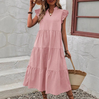 Women's Midi Dress – V-Neck – Short Sleeves with Ruffles – Relaxed Fit – Fitted Waist