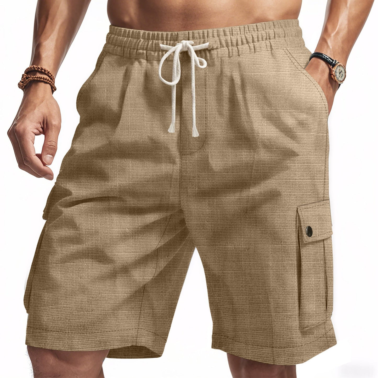 Men's Cargo Shorts – Relaxed Fit – Bamboo Linen – Elastic Waist – Multi-pocket Design