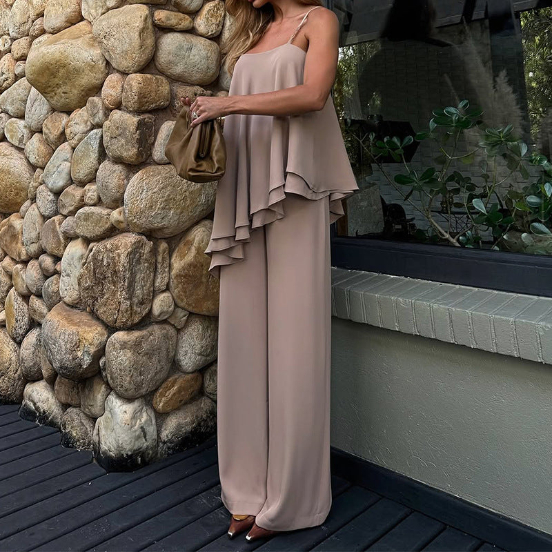 Women's Set – Asymmetric Draped Top – Sleeveless – Straight Pants – Relaxed Fit