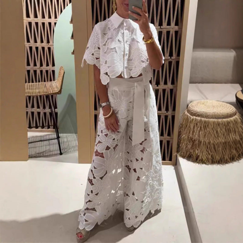 Women's Two-Piece Set – Lace Crop Top – Wide Pants – Sheer Floral Pattern
