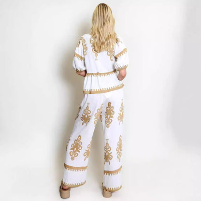 Women's Two-piece Set – Relaxed Fit – Bow-tie V-neck Top – Wide High-waisted Pants