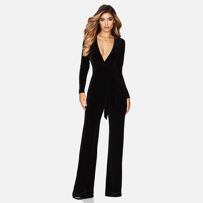 Women's Jumpsuit - Velvet Wrap V-Neck - Long Sleeve Wide Leg