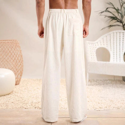 Men's Trousers – Relaxed Fit – Cotton Linen Mix – Elastic Waist – Full Length
