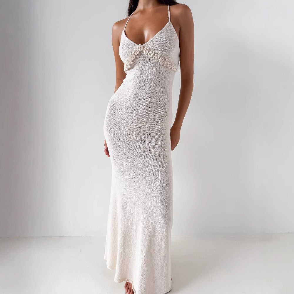 Women's Dress – Bodycon Fit – Spaghetti Straps – 3D Flowers – Soft Knit – Full Length