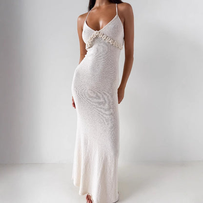 Women's Dress – Bodycon Fit – Spaghetti Straps – 3D Flowers – Soft Knit – Full Length