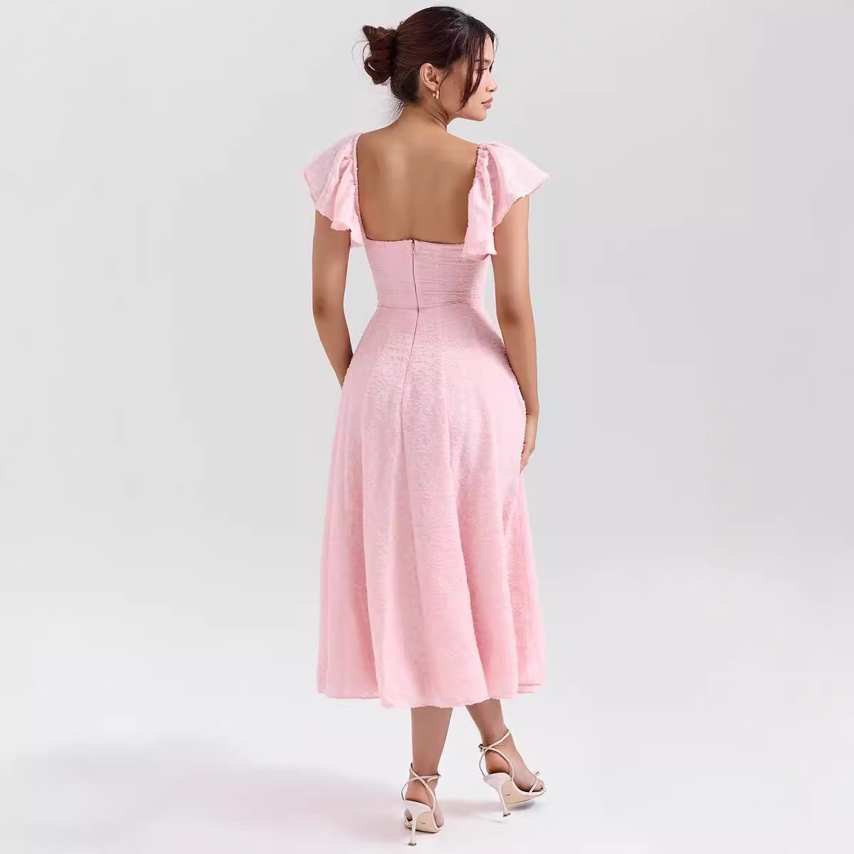 Women's Midi Dress – Jacquard Woven – A-line – Square Neck – Ruffle Sleeves