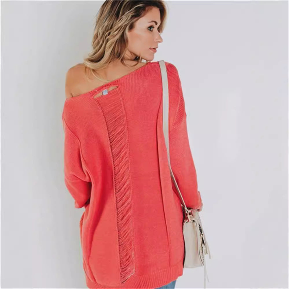 Women's Knit Sweater – Oversized Fit – V-Neck – Textured Wool – Front Pocket