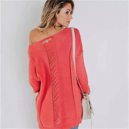 Women's Knit Sweater – Oversized Fit – V-Neck – Textured Wool – Front Pocket