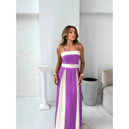 Dame Maxi Kjole – Høj Talje – Slankt Snit – Farveblok – Elegant Formelt Look