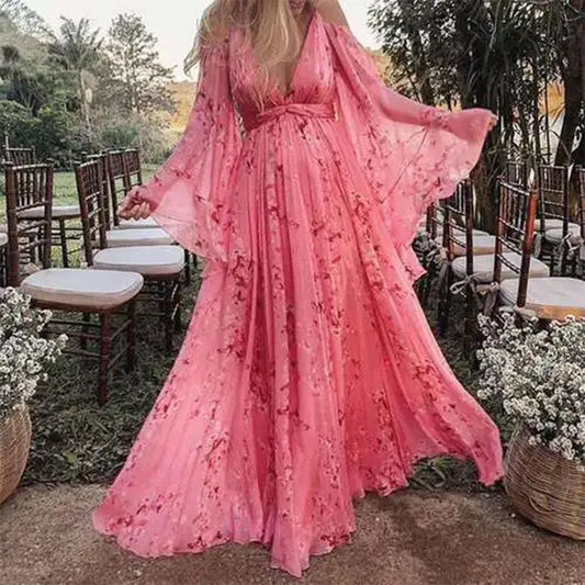 Women's Maxi Dress – Elegant Fit – Empire Waist – Luxury Material – V-Neck – Butterfly Sleeves