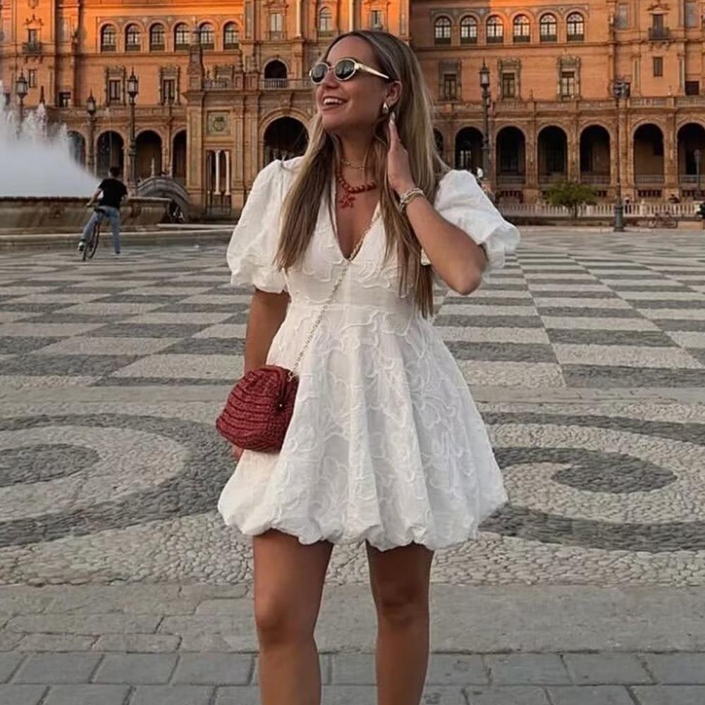 Dress for Women – Mini – Puff Sleeves – V-Neckline – Embroidery – Fitted Waist