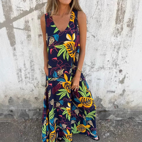 Dress for Women – Maxi A-line – Tropical Pattern – Sleeveless – Light and Breathable