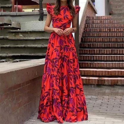 Dame Maxi Kjole – Letvægt Flæseskørt – Rynket Talje – Print – Elegant Pasform