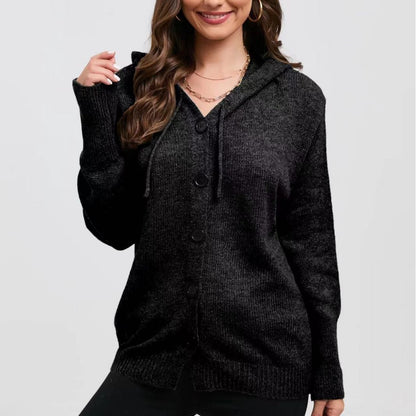 Women's Cardigan with Hood – Knit – Relaxed Fit – Button Closure – Ribbed Edges