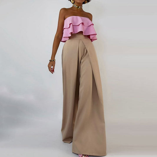 Women's Jumpsuit – Strapless – Ruched Waist – Wide Legs – Asymmetric Draping