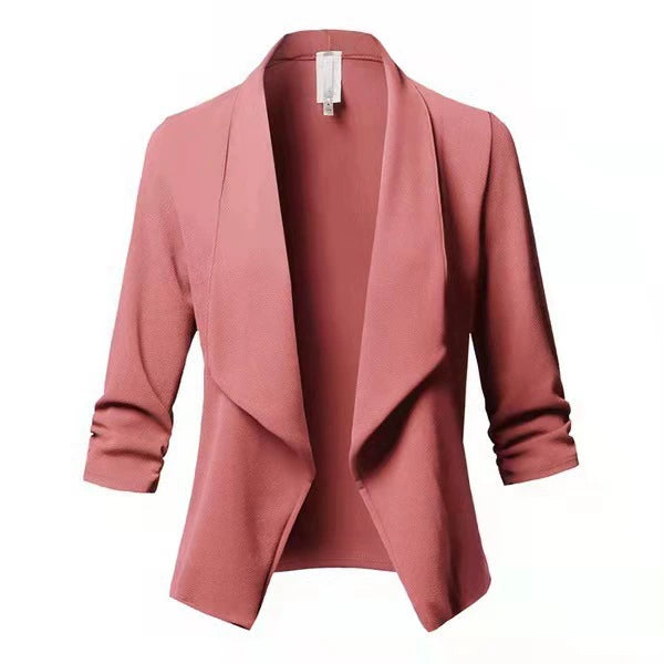 Women’s Draped Open-Front Blazer – Soft Knit – Waterfall Collar – 3/4 Sleeves