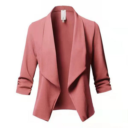 Women’s Draped Open-Front Blazer – Soft Knit – Waterfall Collar – 3/4 Sleeves