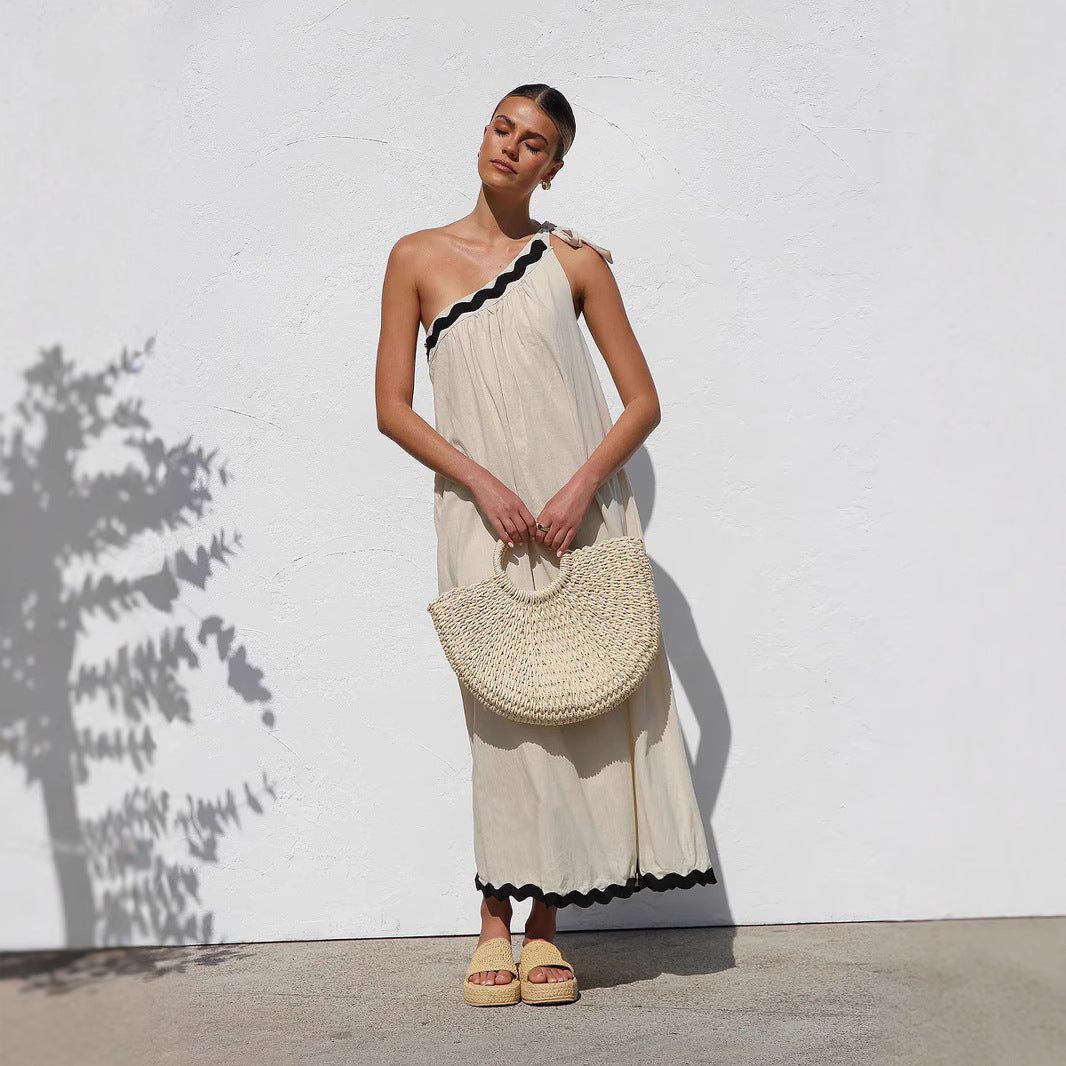 Dress for Women – Long with Relaxed Fit – One Shoulder – Breathable Material – A-Line – Ruffle Hem