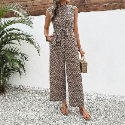 Women's Jumpsuit – Sleeveless – Geometric Pattern – Wide Legs – Light and Breathable