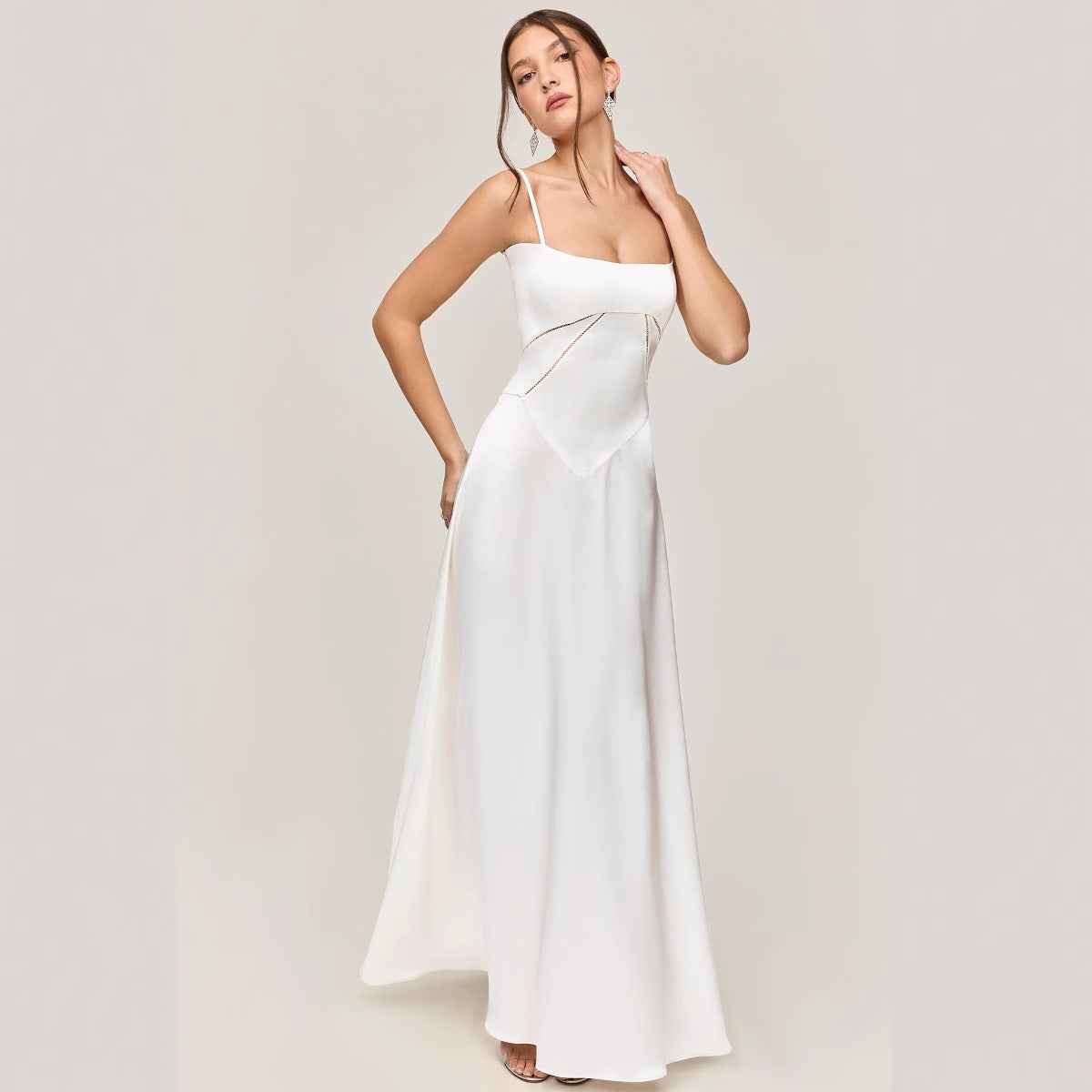 Women's Midi Dress – Slim Fit – A-line Shape – Spaghetti Straps – Lace Panel