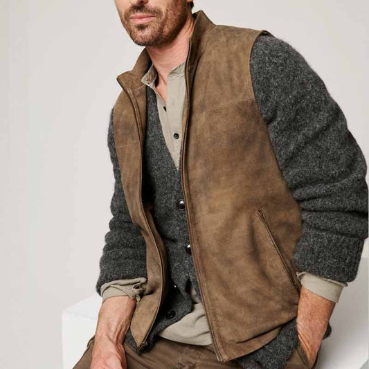 Men's Vest – Relaxed Fit – Suede Look – Waist Length – Front Pockets