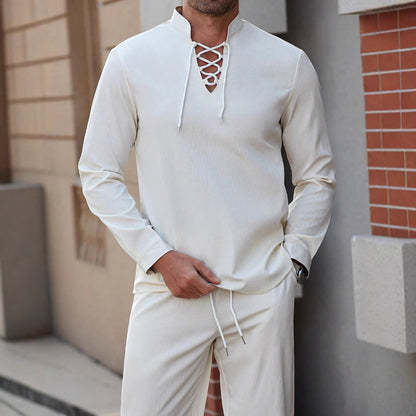 Men's Henley Shirt – Cotton Linen Mix – Relaxed Fit – Lace Closure – Mandarin Collar