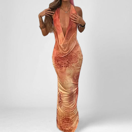 Dress for Women – Slim Fit – Satin Look – Halterneck – Backless – Floral Pattern – Ankle Length