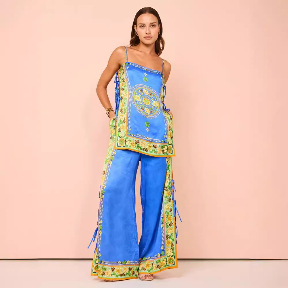 Women's Set – Satin Top and Wide Pants – Relaxed Fit – Ethnic Pattern