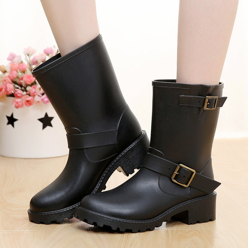 Women's Boots - Mid Calf - Chunky Heel - Buckle Strap