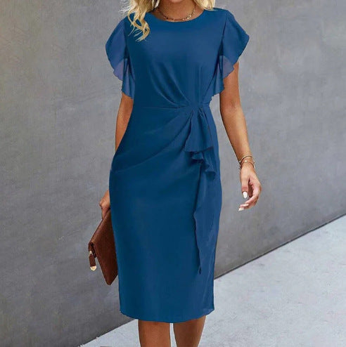 Dress for Women – Elegant Fit – Light Waffle Fabric – Draped Waist – Flutter Sleeves