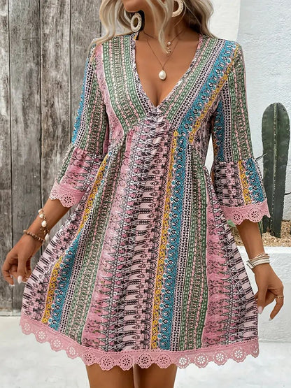 Damekjole – A-Line Pasform – Boho Mønster – V-Hals – 3/4 Ærmer – Blonder – Åndbar
