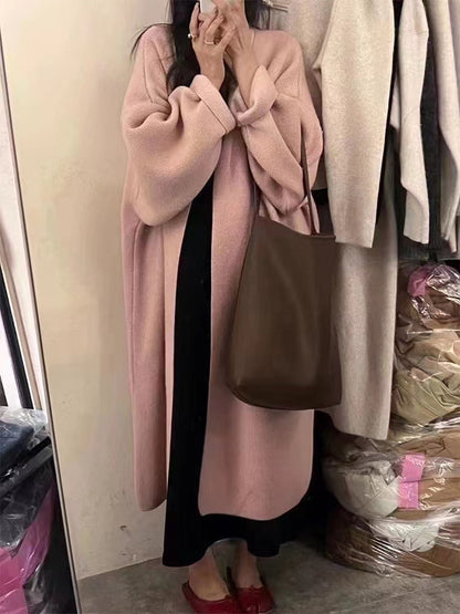 Women's Cardigan Coat – Oversized Fit – Soft Wool Knit – Open Draped Front – Long Model