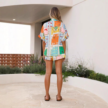 Women's Set with Shirt and Shorts – Relaxed Fit – Light Cotton – Button Closure