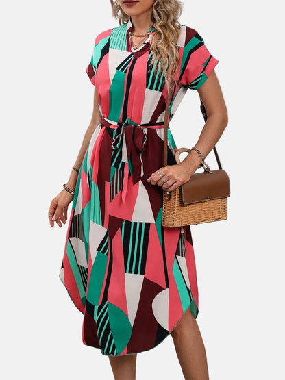 Women’s Midi Dress – V-Neck – Short Sleeves – Geometric Print with Waist Tie