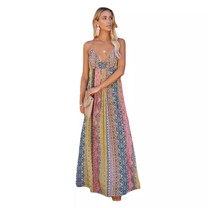 Women's Maxi Dress – Lightweight Woven Fabric – Relaxed Fit – V-Neck – Open Back – Print Design