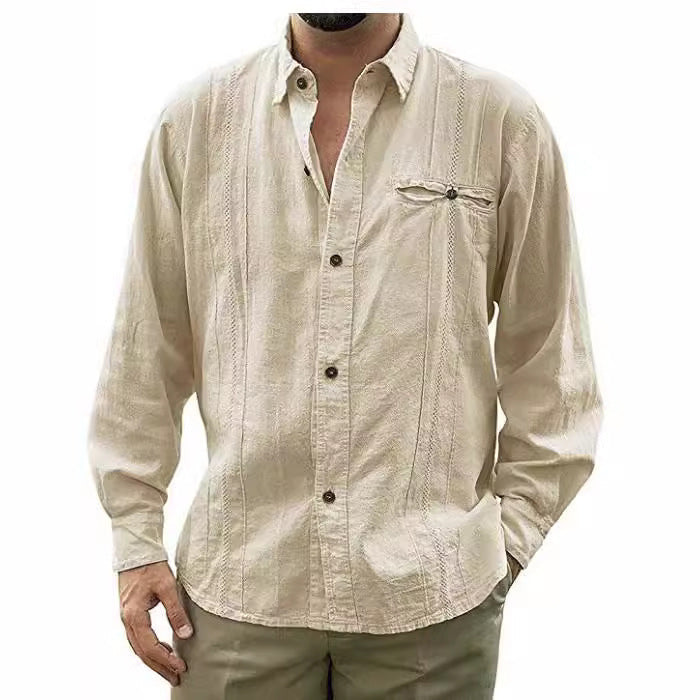 Men's Shirt – 100% Linen – Relaxed Fit – Long-Sleeved – Chest Pocket with Button