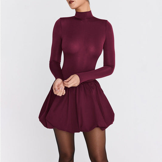 Women's A-line Mini Dress – Slim Fit – High Neck – Long Sleeves – Balloon Skirt