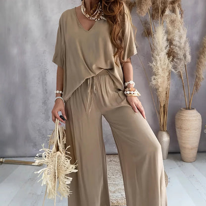 Women's Lounge Set – Silky Soft – Relaxed Fit – V-neck – Wide Leg Pants