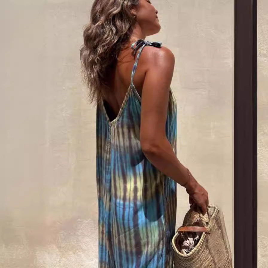 Women's Jumpsuit – Loose Fit – Adjustable Straps – V-Neck – Waistband – Print